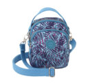 Patterned crinkled nylon compact cross body triple gadget bag with a detachable shoulder strap