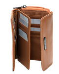 Lorenz Accessories Cowhide zip round purse. Press stud fastening front flap to the double credit card swing section.