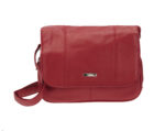 Leather grain PU triple top zip flapover bag with an adjustable shoulder strap.