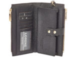 Modern and practical organiser purse in the PU Saffiano Design range by Lorenz Accessories, with a detachable wrist strap. Tab closure over wallet and zipped coin purse section, tab fastening spacious inner note/organiser section, zipped purse section, ID window & multiple credit card slots.